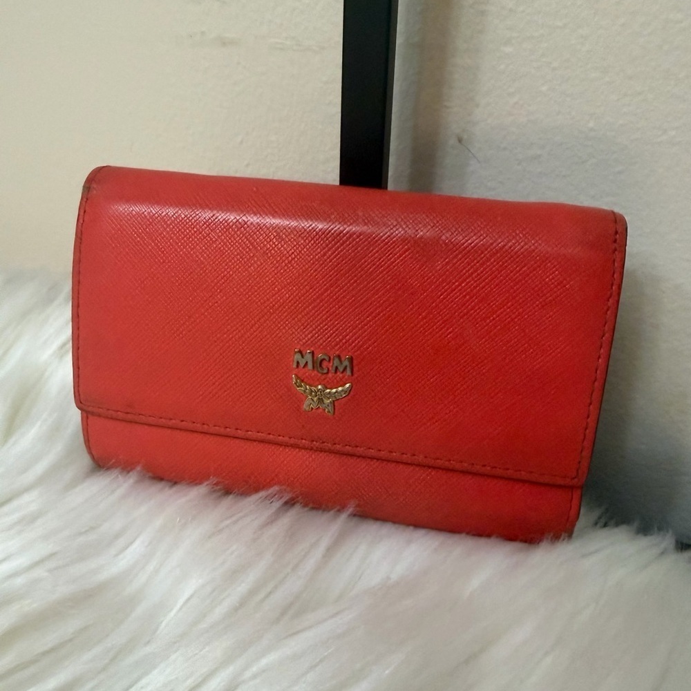 MCM Red Saffiano Leather Bifold Wallet – Gold Logo Pristine  RARE